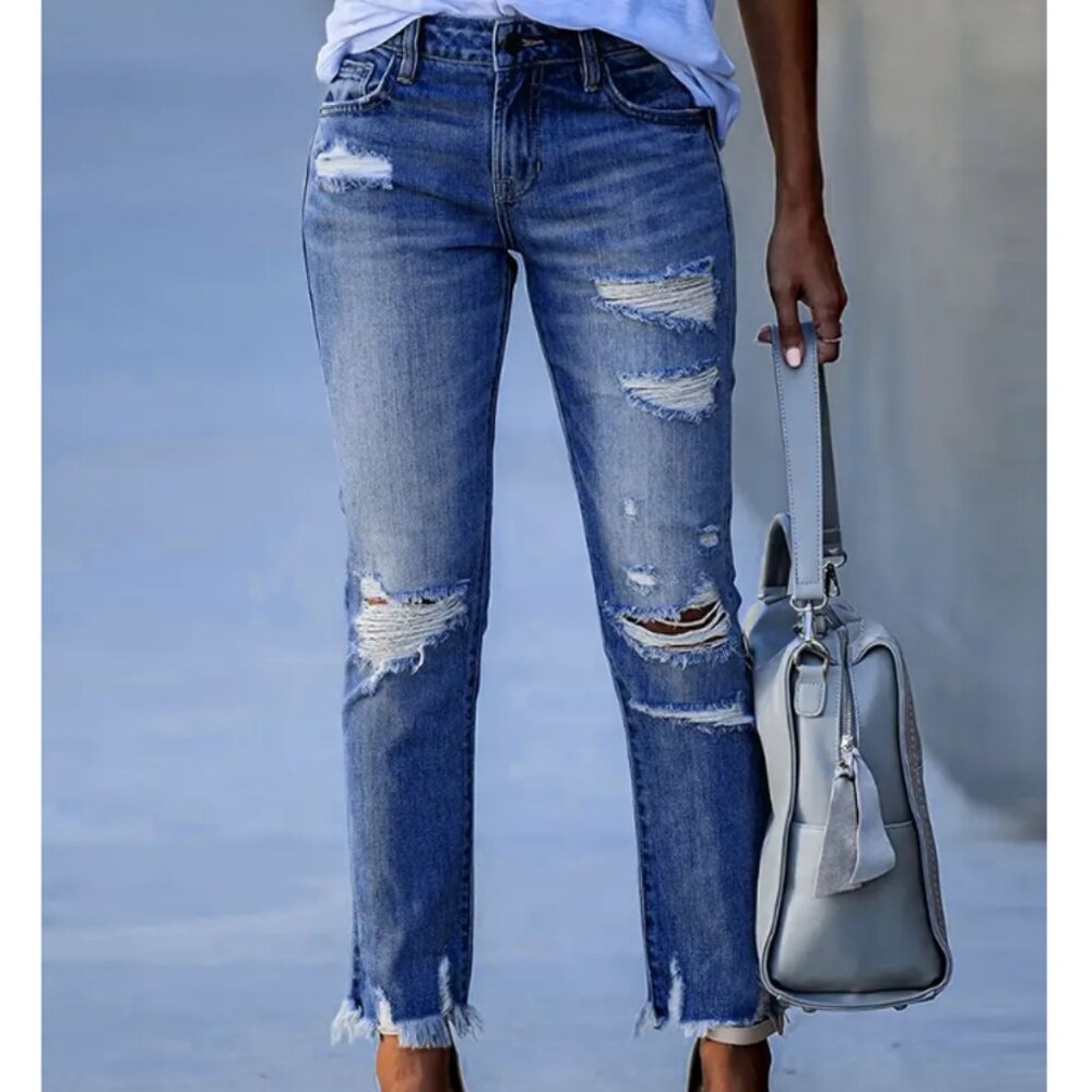 Medium Wash Jeans with Ripped Hem - Size Small